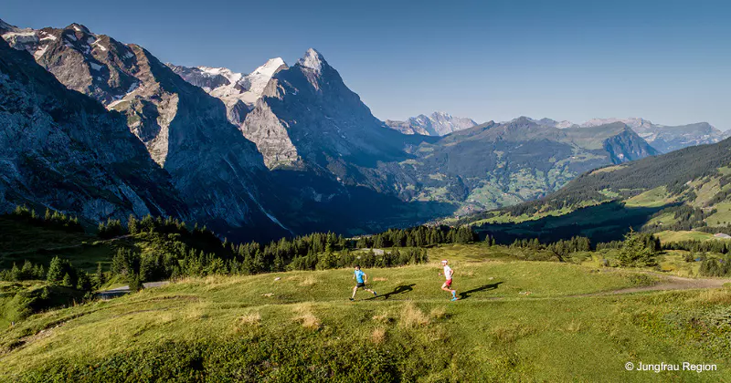 Twee mensen wandelen op een met gras begroeide heuveltop, met op de achtergrond indrukwekkende besneeuwde bergen en een weelderig groene vallei, onder een helderblauwe hemel.